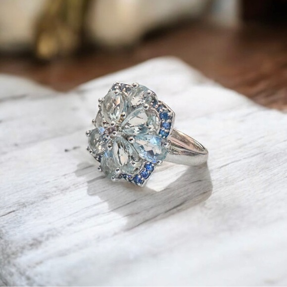 🩵Aquamarine💙Sapphire🤍Topaz Sterling Silver Ring (5.25) - Picture 10 of 15